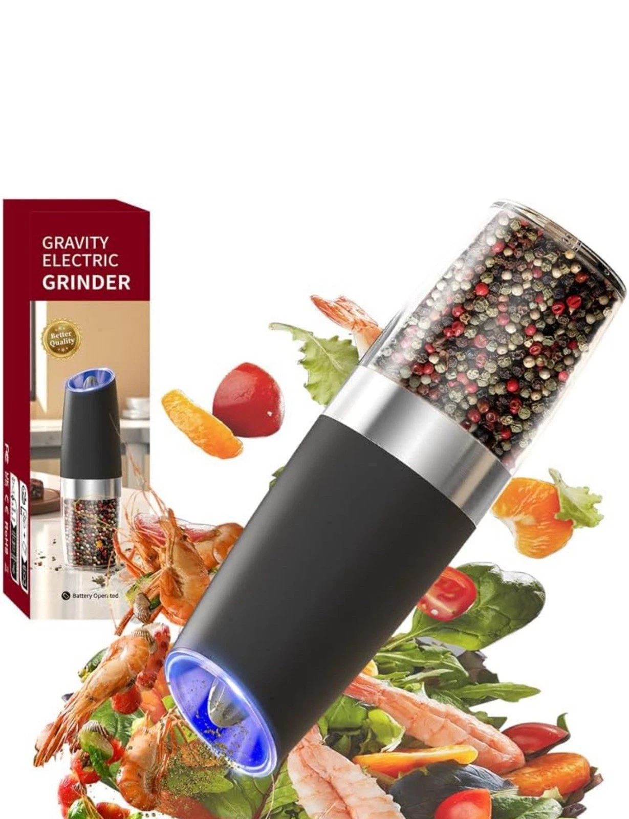Electric Gravity Grinder Black Automatic LED Light Salt Pepper Grinder
