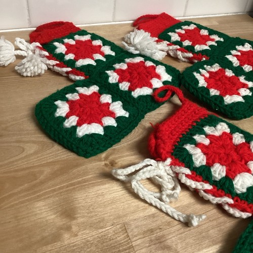 Vtg Crochet Granny Square Christmas Stockings Holiday Decor 3 Pc Set Handmade - Picture 6 of 12