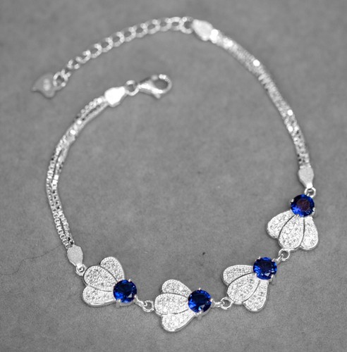 925 Sterling Silver Blue Sapphire & CZ Gemstone Petal Adjustable Bracelet - Picture 4 of 7