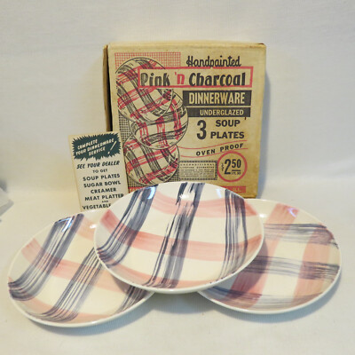 RARE Vintage Marshall Burns 3 Soup Cereal Bowls RETRO Pink/Charcoal 1956 Groovy!