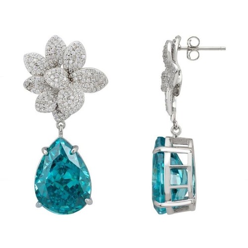 Elegant Orchid Flower Teardrop Simulated Topaz & Sapphire Drop Dangle Earrings - Picture 2 of 7