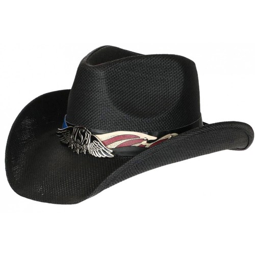 Chapeau Cowboy Paille Noire – Bande Motif Bijou, Taille Unique, Major Wear