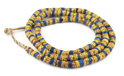 Yellow & Blue Cylindrical Striped Venetian Trade Beads 9mm Ghana African Glass