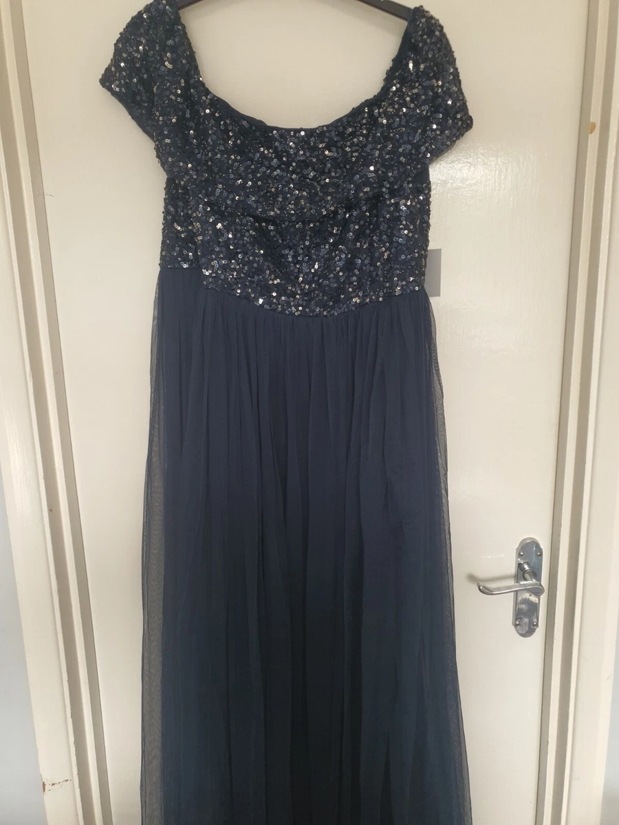 Maya Deluxe Navy Sequin Bardot Maxi Dress Size 18 eBay