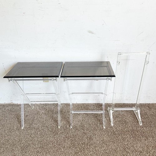 Mid Century Modern Clear and Smoked Lucite Gold Up Tray Table Set - 3 Pieces - Picture 2 of 10