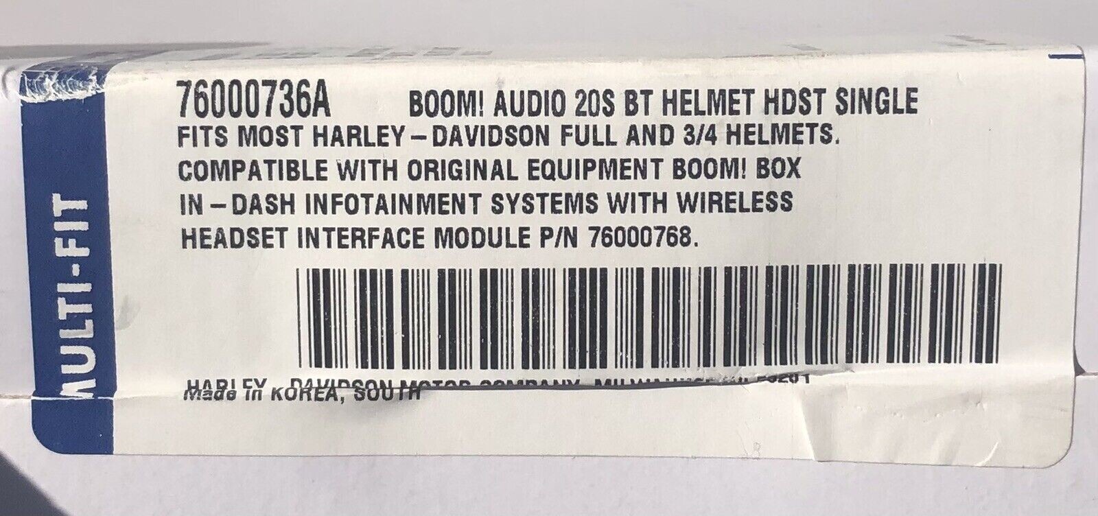 Harley Davidson 76000736A Boom! Audio 20S BT Helmet HDST Single Headset