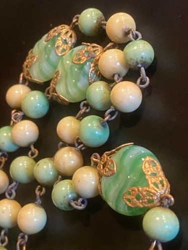 ANTIQUE 28” VICTORIAN GOLD FILLED? GREEN JADE ART DECO GLASS/STONE? NECKLACE - 第 23/24 張圖片
