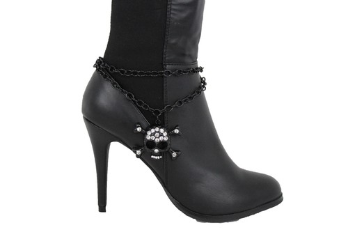 Women Black Chain Boot Strap Bracelet Skeleton Skull Western Shoe Charm Bling - 第 2/12 張圖片