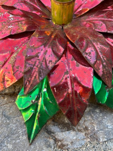Vintage Rustic Mexican Pressed Tin Poinsettia Candlestick Holder - Picture 3 of 10