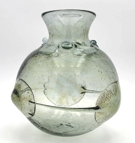 Vintage 1973 Peter Bramhall Art Glass Orb Vase Sculpture Clear, Green, Yellow