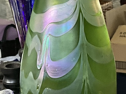 RARE C1890 LOETZ Phaenomen Creta IRIDESCENT FEATHERED URANIUM ART Glass VASE 11” - Picture 5 of 22