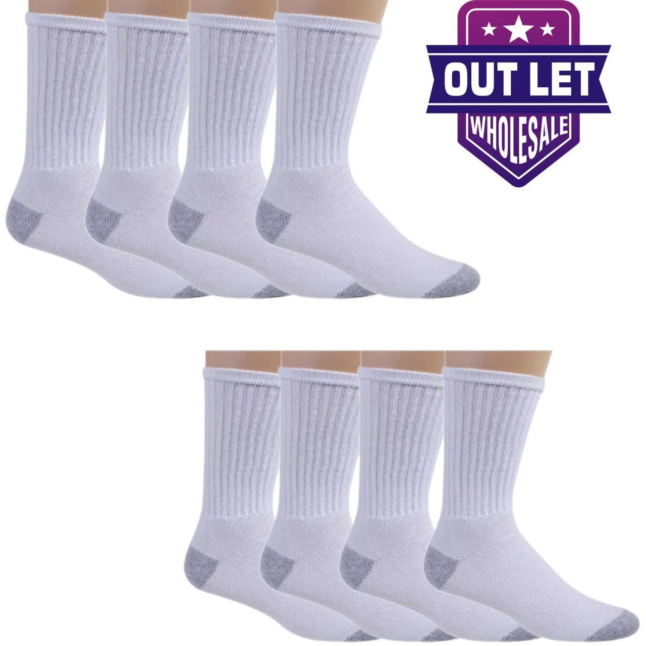 60 Pairs Wholesale Men's White Crew Sports Cotton Socks Long Size 9-11, 10-13