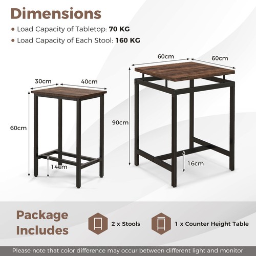 Counter Height Table with 2 Stools Floating Tabletop & Footrest Rustic Brown - Picture 2 of 10