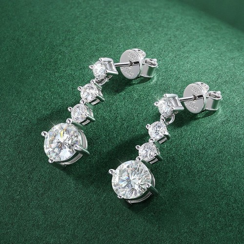 2.6cttw D VVS1 Round Cut Moissanite Drop Dangle Earrings 925 Sterling Silver GRA - Picture 5 of 19