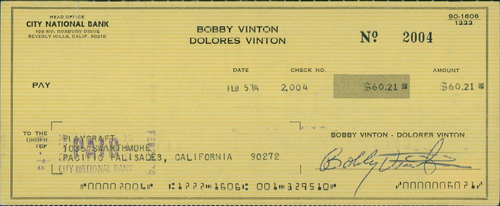 Bobby Vinton attore cantante firmato assegno annullato JSA autenticato - Foto 1 di 3