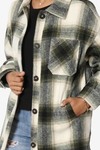 Women's Plaid Flannel Long Sleeve Chest Pocket Oversized Shirt Jacket Shacket - Picture 7 of 62