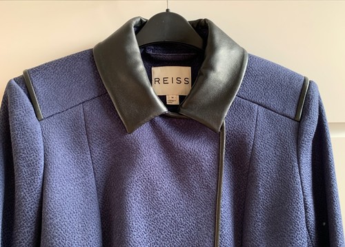 Reiss Jacket blue with black leather collar and trim Medium ladies Mint - Picture 3 of 9