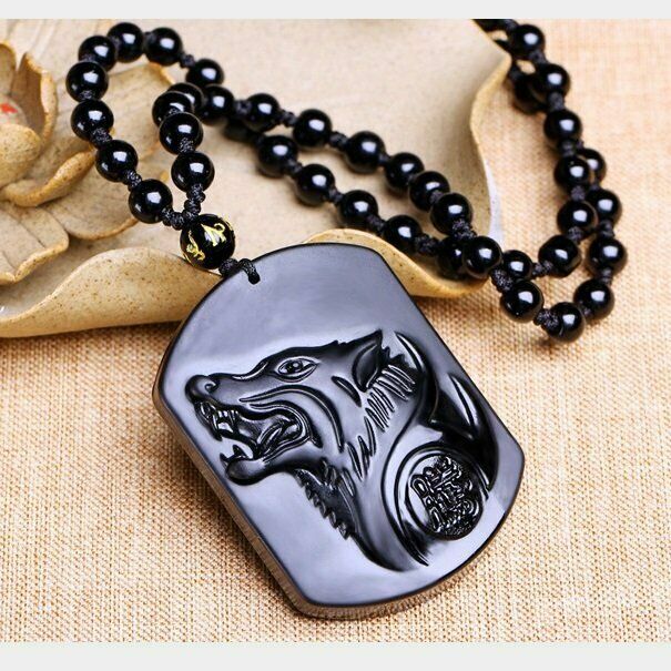 Black Handwork Chinese Carved Natural Obsidian Wolf Head Pendant W