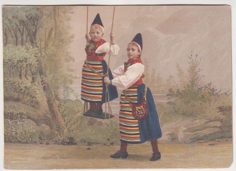 Sweden 1890s. 2 Girls in National Costumes. Swing. Hand Painted. Gosta Florman