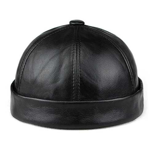 Men Genuine Leather Skullcap Sailor Cap Hat Beanie Rolled Cuff Retro Brimless - Picture 13 of 14