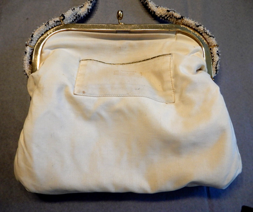 Vintage 1950s Lumured CORDE BEAD Handbag Purse Cream/Black Floral Gold Trim - Picture 10 of 13