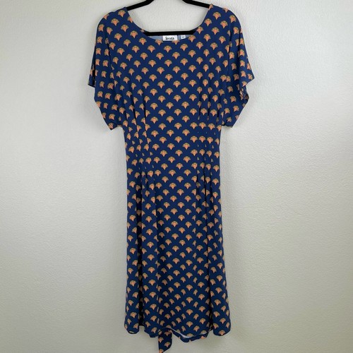 Leota Comfy Dark Blue Fan Print Short Sleeve Tie Waist Midi Dress Plus 1X NWOT - Bild 13 von 14