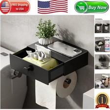 Elegant Wall-Mounted Toilet Paper Holder with Shelf  Hidden Wipes Drawer, Black