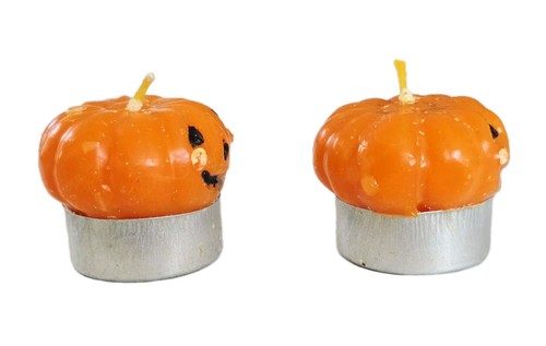 Vintage 1995 Halloween Orange Pumpkin Scented Tea Light Burning Candle Set Of 2 - Picture 18 of 22