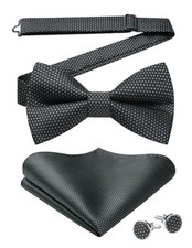 Mens Plaid Bow Tie Set Pocket Square and Cufflinks Bowtie Black2