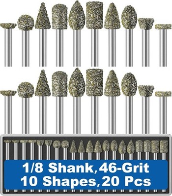 20Pcs 46-Grit Diamond Grinder Bit 1/8'' Shank Compatible with Dremel Rotary Tool 