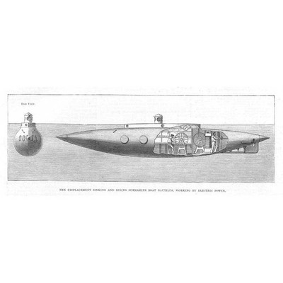 U-Boot Boot Nautilus funktionstüchtig mit Strom - antiker Druck 1887