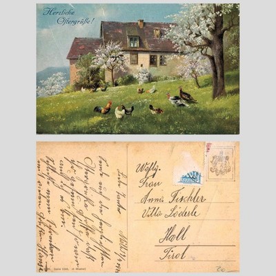 Alte Postkarte - Deutsches Ostergrußhaus Hühner Mils Tirol 1923 POSTED