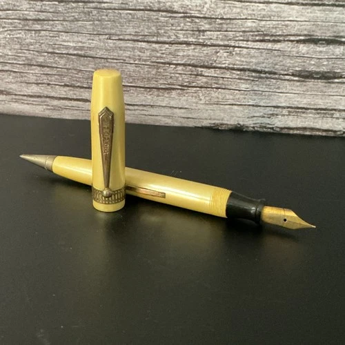 Vintage 1930s-40s Stratford Rare Yellow Celluloid Fountain Pen -Lever Filler 14K - product listing photo
