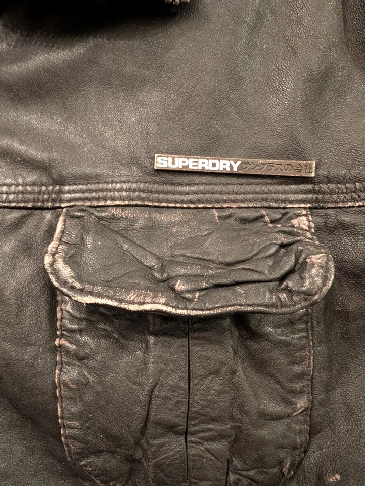 Superdry Hombre Chaqueta Grande Cuero Marrón Brad Motocicleta Café Foto 3 de 4