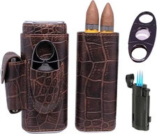 Elegant Handy Leather Cigar Case Lighter Cutter Travel New in Box Travel Humidor