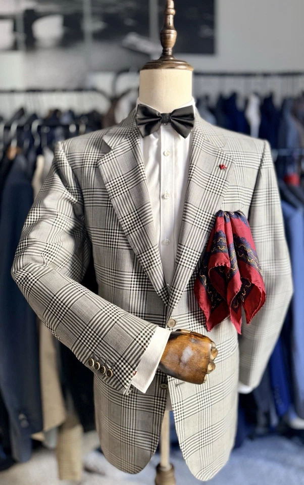 Abrigo deportivo Kiton 42R US 52R IT Majestic PERSONALIZADO gris/negro a cuadros lana/seda nuevo sin etiquetas Foto 2 de 4