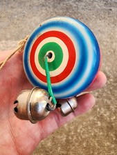 Vintage Blue  Pink Striped Wooden YO-YO With Attached Jingle Bells 1960s Japan
