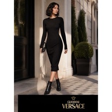 Vintage Authentic Gianni Versace Solid Black WoolJersey Dress Sz. 42 (US 10)