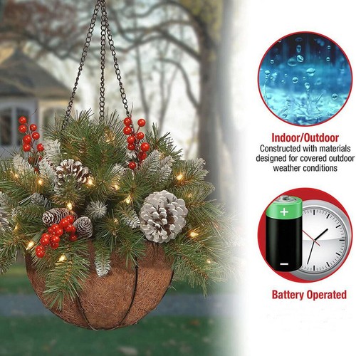 Pre-lit Artificial Christmas Hanging Flower Basket LED Lights Holiday Home Decor - Picture 4 of 12