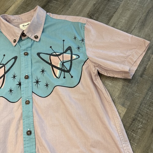 Boozelele Shirt Mens Small Blue Button Up Mod Rockabilly Atomic Retro 50s READ - Picture 5 of 17