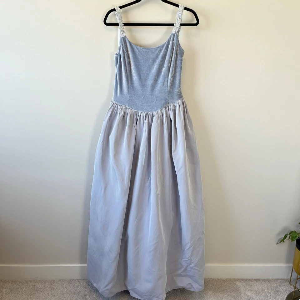Vestido Vintage Años 90 Jessica McClintock Gunne Sax Azul Terciopelo Corpiño Talla 13/14 Grande Foto 3 de 4