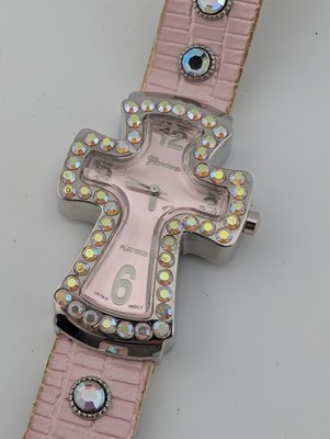 Geneva Platinum Cross Rhinestone Watch Pink Faux Leather Band- New Battery