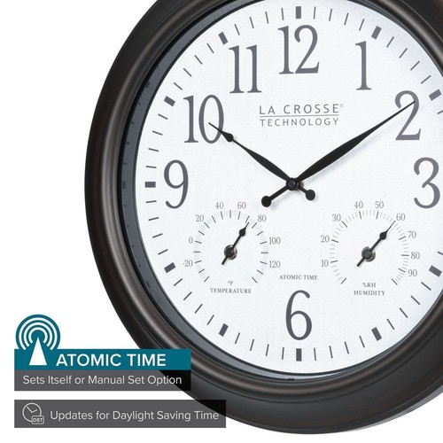 18 in. Indoor/Outdoor Dark Brown Atomic Analog Wall Clock with Temp and Humidity - Picture 2 of 8