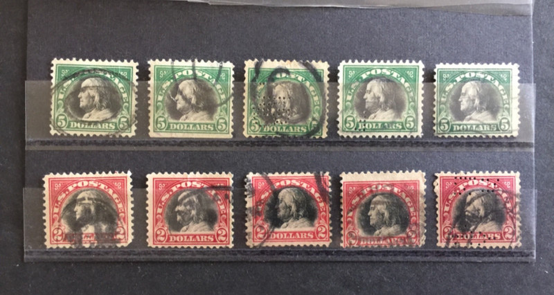 US STAMPS SC# 524 & 547 Lot of (5) Each $2.00 & $5.00 Franklin Reg. Issue USED