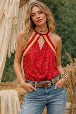 Free People 1 Thing Bodysuit scarf top halter neckline tie back closure Red S
