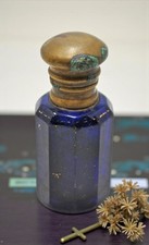 Antique Blue Glass Perfume Bottle Original Old Hand Crafted Brass Cap