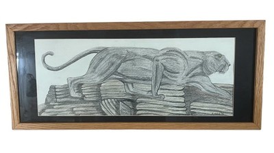VTG Signed Panther~Jaguar  On The Prowl  Pencil Hand Drawn Glass Matted Framed