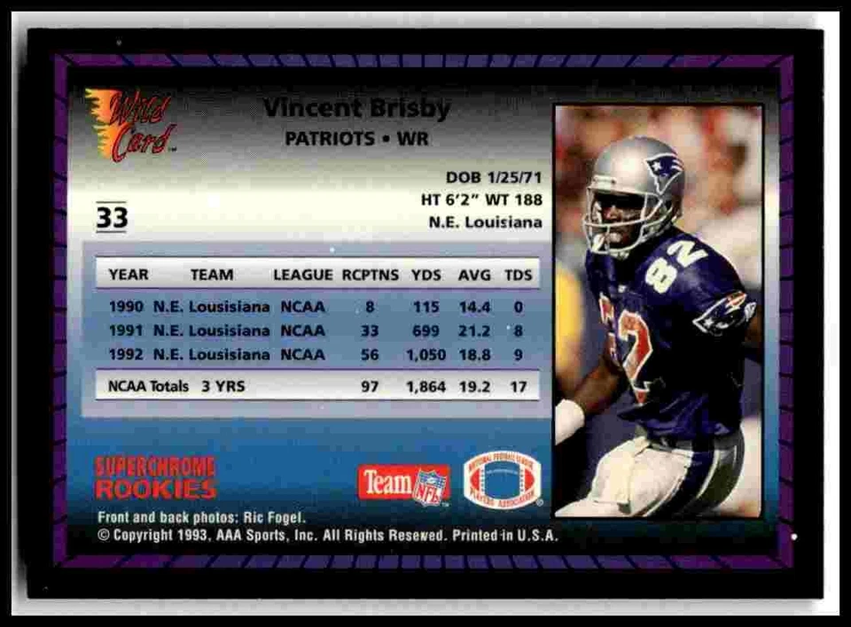 1993 Wild Card #33 Vincent Brisby Superchrome Rookies - Image 2 of 2