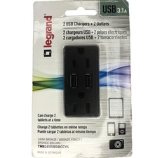 Legrand Electrical Duplex Outlet 15A 125V 3.1 Amp USB Charge 2 Phones / Tablets