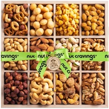 NUT CRAVINGS - Holiday Christmas Mixed Nuts Gift Basket in Reusable Wooden
